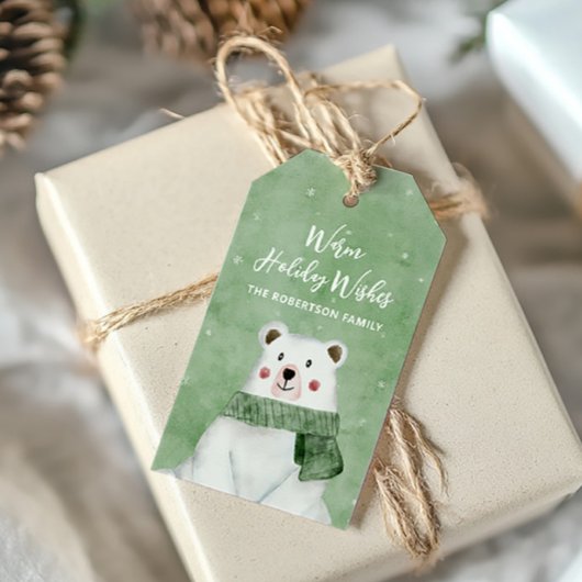 Ijsbeer met groene sjaal Warm wensen voor de feest Cadeaulabel