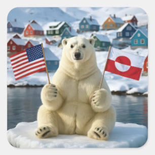 IJsbeer met Groenlandse en Amerikaanse vlaggen Vierkante Sticker