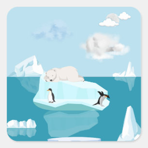Ijsbeer slapend en pinguïns op een sticker. vierkante sticker