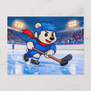 Ijsbeer speelt ijshockey op een bevroren baan briefkaart