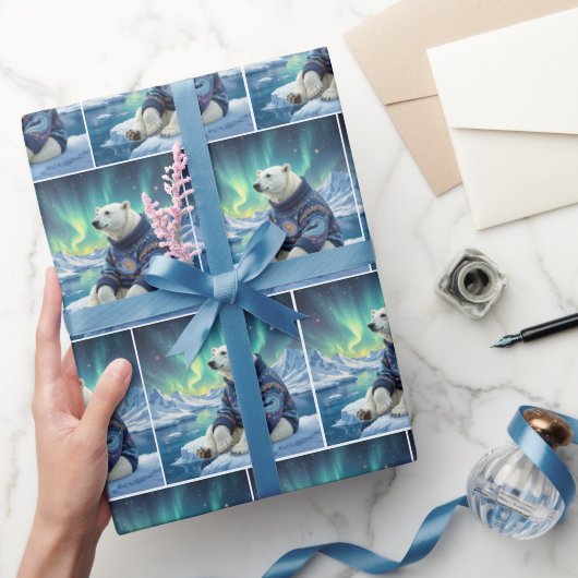 IJsbeer zittend onder het Noorderlicht Cadeaupapier (Geschenken)