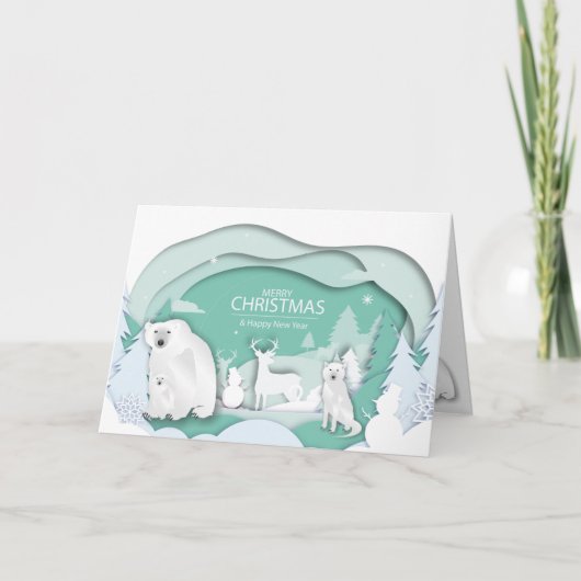 IJsberen en witte wolf vrolijk Kerstmis winterscen Feestdagen Kaart (Voorkant)
