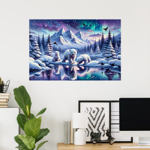 Ijsberenfamilie Besneeuwd Landschap Schilderij Poster