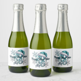 Ijsblauw 2026 met Kerstmanhoed en Sneeuwvlokken Sparkling Wijnetiket