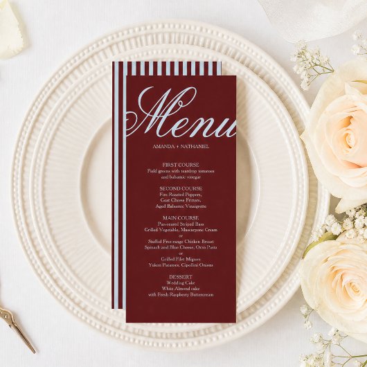 Ijsblauw & bordeauxrode strepen Retro bruiloft Menu