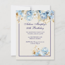 IJsblauw en Navy Floral Birthday Kaart