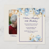 IJsblauw en Navy Floral Birthday Kaart (Voorkant / Achterkant)