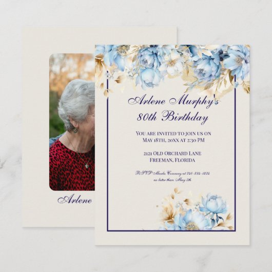 IJsblauw en Navy Floral Birthday Kaart (Voorkant / Achterkant)