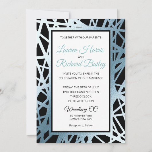 IJsblauw en zwart folie huwelijksuitnodiging Kaart (Voorkant)