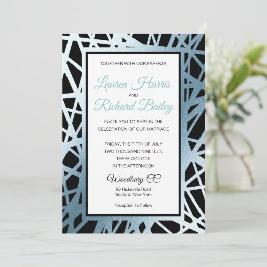 IJsblauw en zwart folie huwelijksuitnodiging Kaart (Staand voorkant)