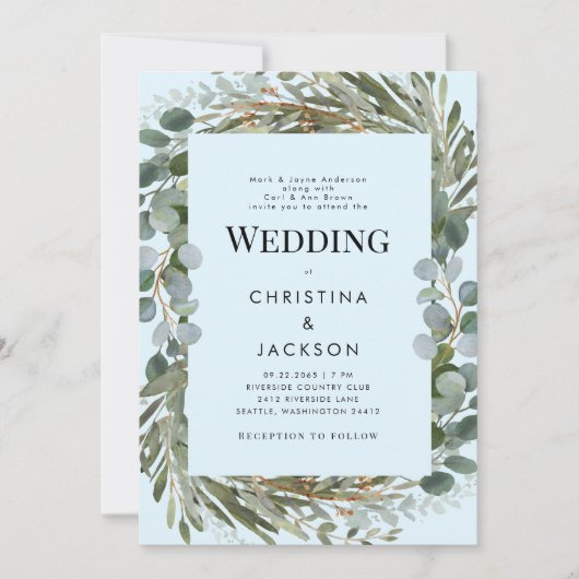 IJsblauw Eucalyptus Beide Ouders Bruiloft Kaart (Voorkant)