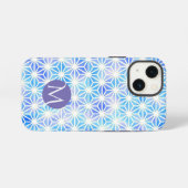 Ijsblauw geometrisch rasterpatroon monogram iPhone hoesje (Achterkant horizontaal)