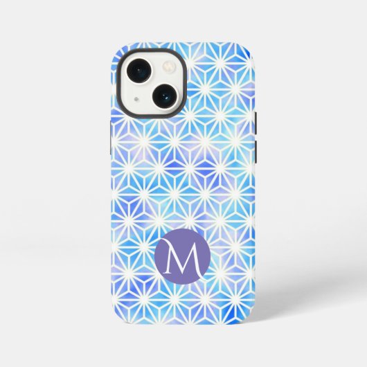 Ijsblauw geometrisch rasterpatroon monogram iPhone hoesje (Achterkant)