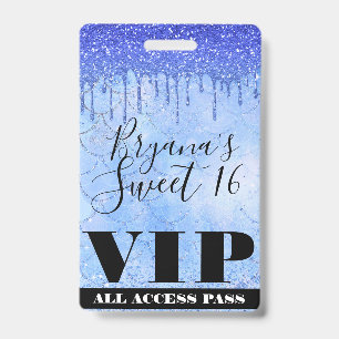 Ijsblauw Glitter Drip Zeemeermin Sweet 16 VIP Pas Badge