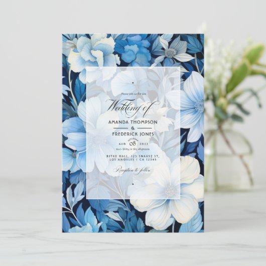 IJsblauw, Marine en wit Bloemenhuwelijk Kaart (Staand voorkant)