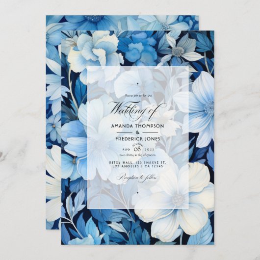 IJsblauw, Marine en wit Bloemenhuwelijk Kaart (Voorkant / Achterkant)