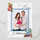 IJsblauw op wit met bessen Kerstgroet Folie Feestdagenkaart (Voorkant)