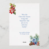 IJsblauw op wit met bessen Kerstgroet Folie Feestdagenkaart (Achterkant)