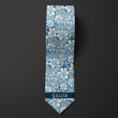 Ijsblauw, Wit en Gouden Bloemmotief Stropdas