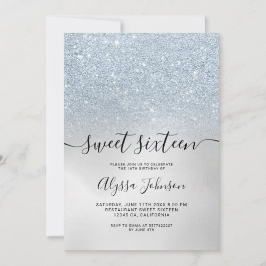 IJsblauw zilverglitter holografische foto, zoet 16 Kaart (Voorkant)