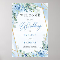 IJsblauwe bloemeneucalyptus & gouden lijst welkom