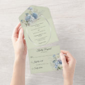 IJsblauwe Boheemse Bloemen op Sage Green All In One Uitnodiging (Afscheurbaar)