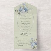 IJsblauwe Boheemse Bloemen op Sage Green All In One Uitnodiging (Binnen)