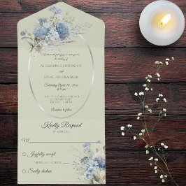 IJsblauwe Boheemse Bloemen op Sage Green All In One Uitnodiging