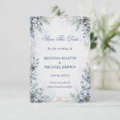 IJsblauwe Denneappel Winterromantiek Save The Date (Staand voorkant)