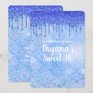 Ijsblauwe Glitter Drip Zeemeermin Sweet 16 Feestje Kaart