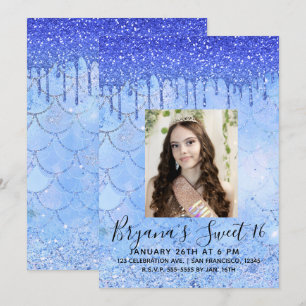 Ijsblauwe Glitter Drip Zeemeermin Sweet 16 Foto Kaart