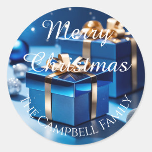 Ijsblauwe ingepakte kerstcadeaus ronde sticker