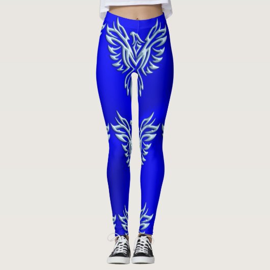 IJsblauwe metallic-look Phoenix op Royal Blue Leggings (Voorkant)