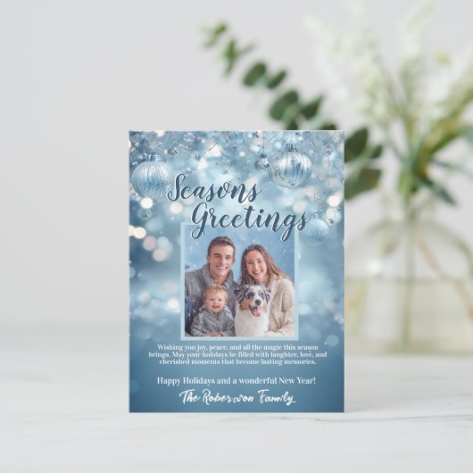 IJsblauwe Sneeuw Glitterende Familie Foto Vakantie Feestdagenkaart (Staand voorkant)