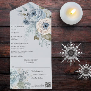 Ijsblauwe Winter Bloemen op Lichtblauwe QR Code All In One Uitnodiging