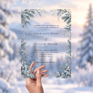 IJsblauwe Winter Botanische heldere luxe trouwkaar Acryl Uitnodigingen
