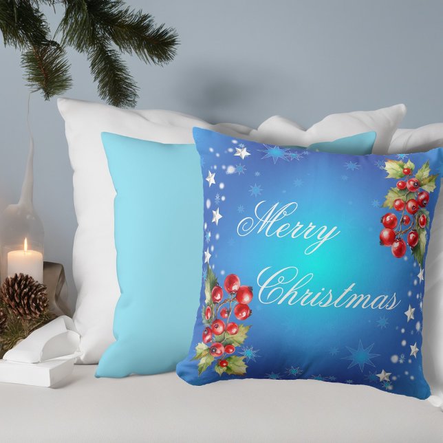Ijsblauwe Wintersterren & Hulst Prettig Kerstfeest Kussen (Front)