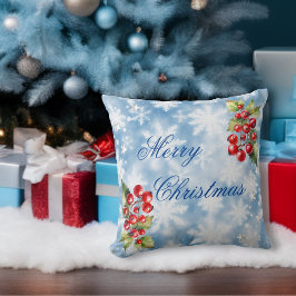 Ijsblauwe wintervlokken & hulst prettig kerstfeest kussen