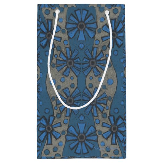 ijsbloemen, blauw en grijs bloempatroon, rustisch klein cadeauzakje (Achterkant)