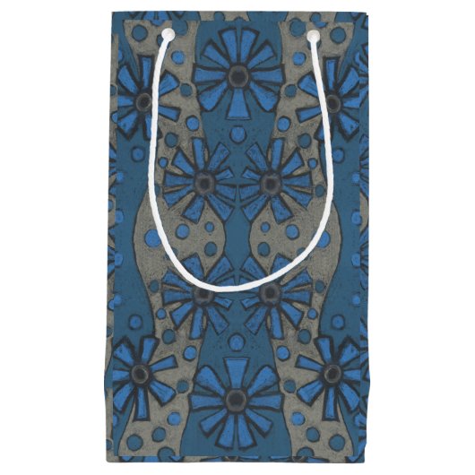 ijsbloemen, blauw en grijs bloempatroon, rustisch klein cadeauzakje (Voorkant)