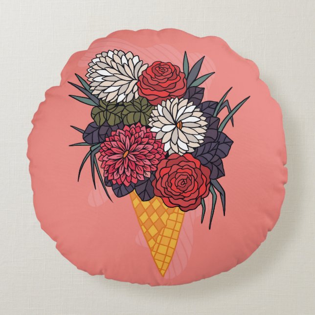 Ijsboeket: Bloemen . Rond Kussen (Voorkant)