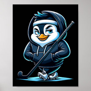 IJsHockey Pinguïn Mascotte Met Stok En Schaatsen Poster
