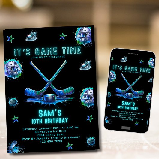 IJshockey verjaardagsuitnodiging Jongens Neon Part Kaart