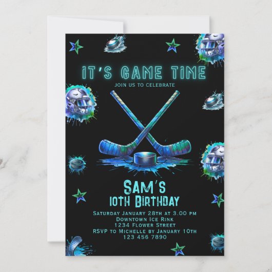IJshockey verjaardagsuitnodiging Jongens Neon Part Kaart (Voorkant)