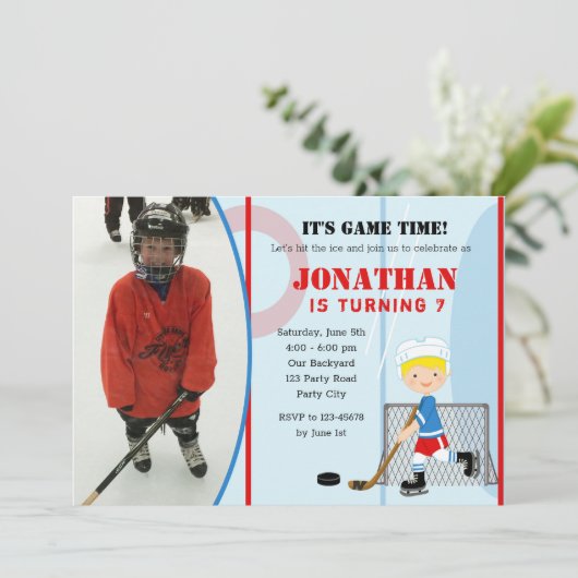 IJshockey verjaardagsuitnodigingen met foto (jonge Kaart (Staand voorkant)