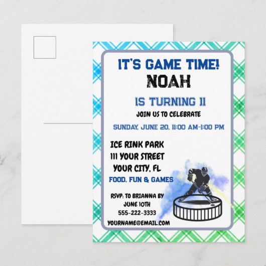 IJshockeyspeler sportthema uitnodigingskaart Uitnodiging Briefkaart (Voorkant / Achterkant)