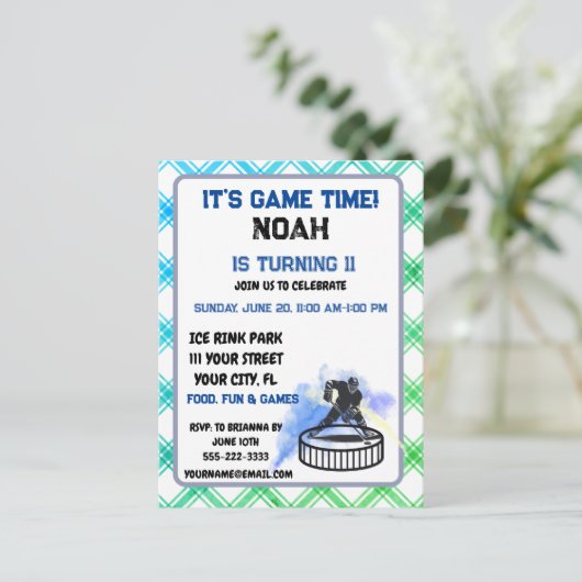 IJshockeyspeler sportthema uitnodigingskaart Uitnodiging Briefkaart (Staand voorkant)