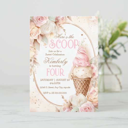 Ijsje vintage roze blozende ijs kaart (Staand voorkant)