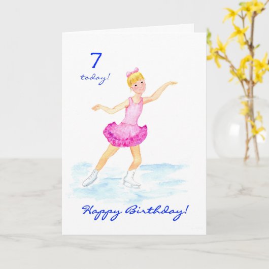 IJskating 7th Birthday Card for a Girl Kaart (Gele Bloem)
