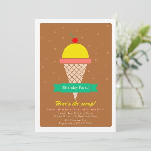 Ijskegel en lint - verjaardagsfeestje kaart (Staand voorkant)